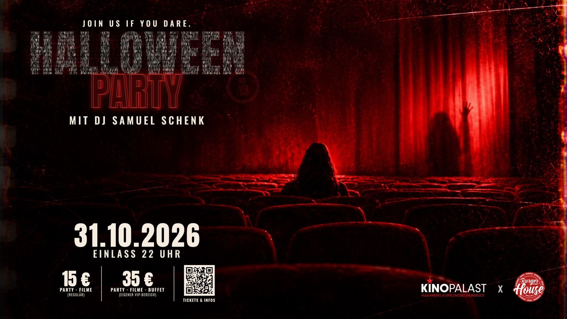 Flyer Halloween Party am 31.10.2026 mit DJ Samuel Schenk, Einlass 22 Uhr, Tickets 15 € und 35 € mit Buffet – Kinopalast × Burger House